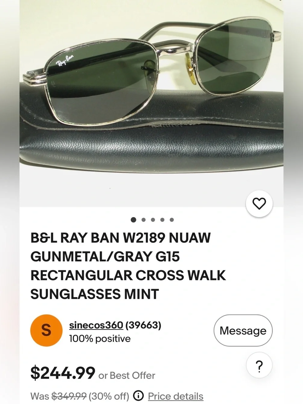 Vintage Ray-Ban by Bausch & Lomb W2189 Gunmetal Gray Sunglasses Dark Green Lens